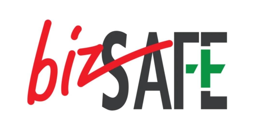 The bizSAFE logo features the word biz in red, handwritten-style text overlapping the bold, black word SAFE with a green cross integrated into the letter E.