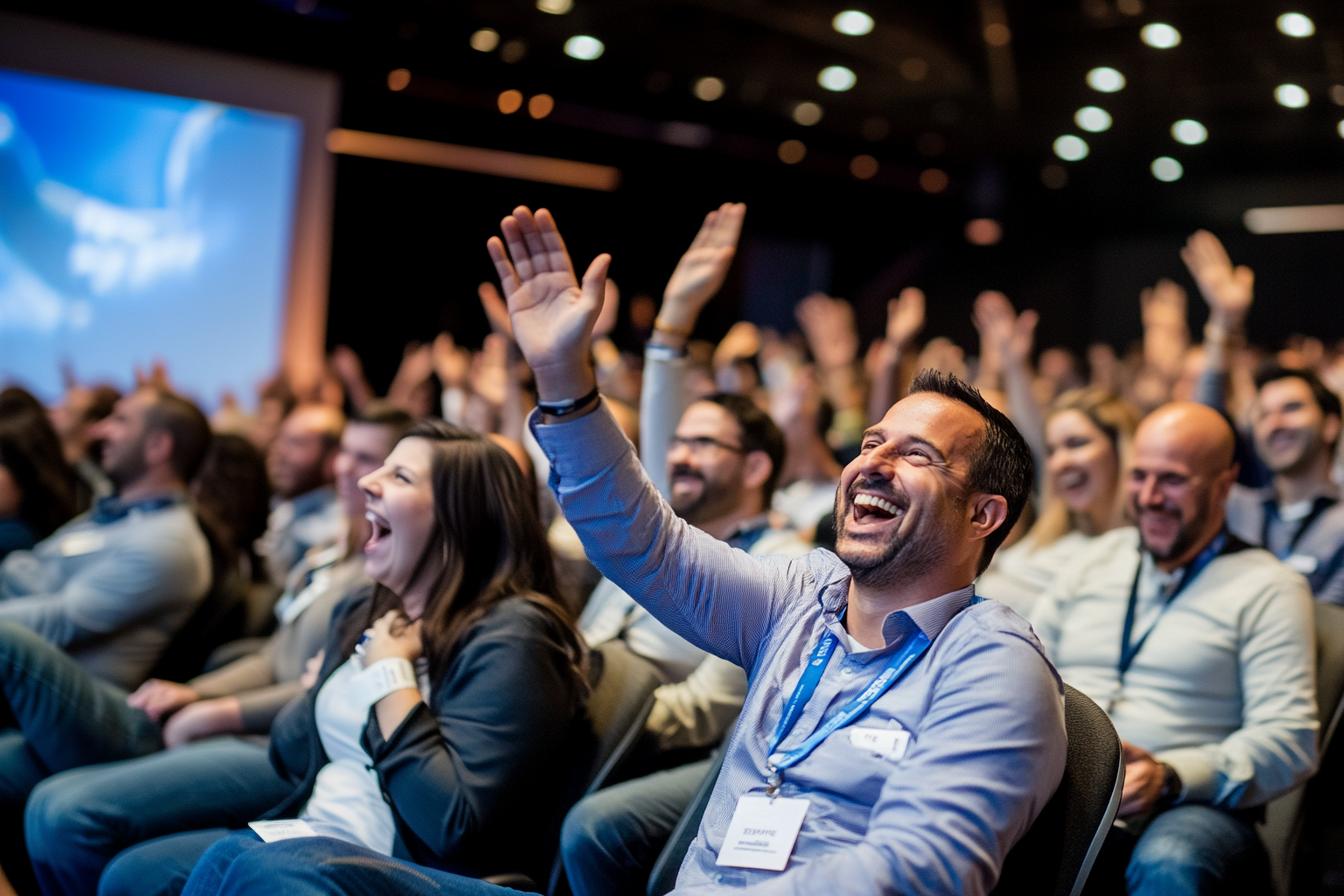 A diverse audience sits in a conference hall, smiling and laughing. Several people, including a man in the foreground, have their hands raised enthusiastically, highlighting interactive AGM event production.