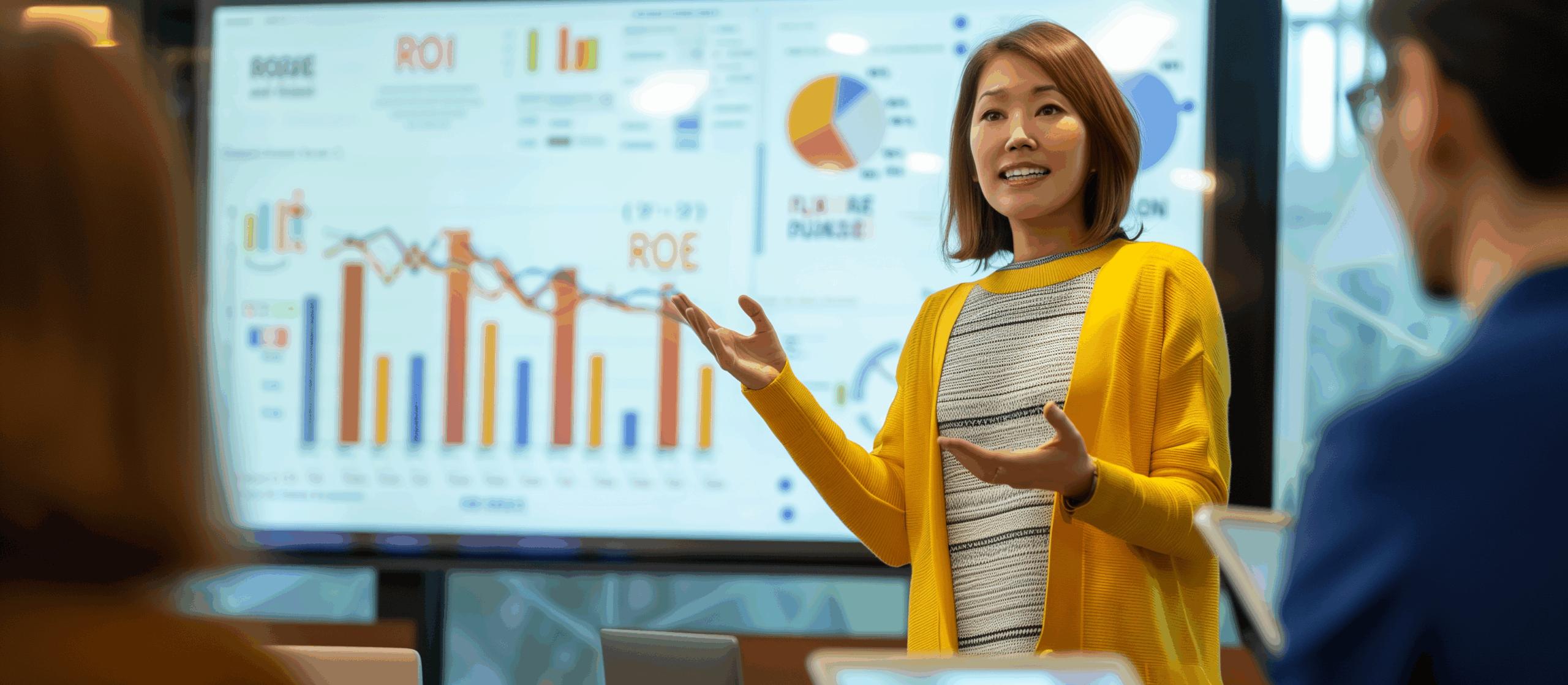 A woman in a yellow cardigan presents data and charts on a large screen to colleagues in a modern office setting, explaining graphs and statistics during a business meeting. cost vs value in event delivery, cost vs value for events, cost v value in events, managing multiple event suppliers, end-to-end event production, full-service event delivery