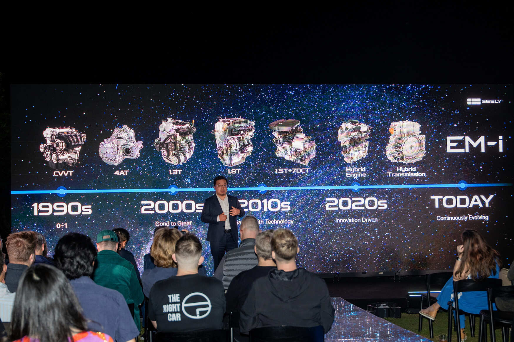 A presenter stands on stage in front of an audience, with a large screen behind him displaying the evolution of car engine technology from the 1990s to today, featuring images of various engines and transmission types.
