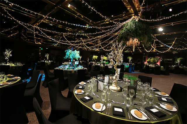 Banquet room with round tables, black styling, glassware and bread rolls, overhead fairy lights and chandeliers creating a warm ambience – Encore Event Technologies