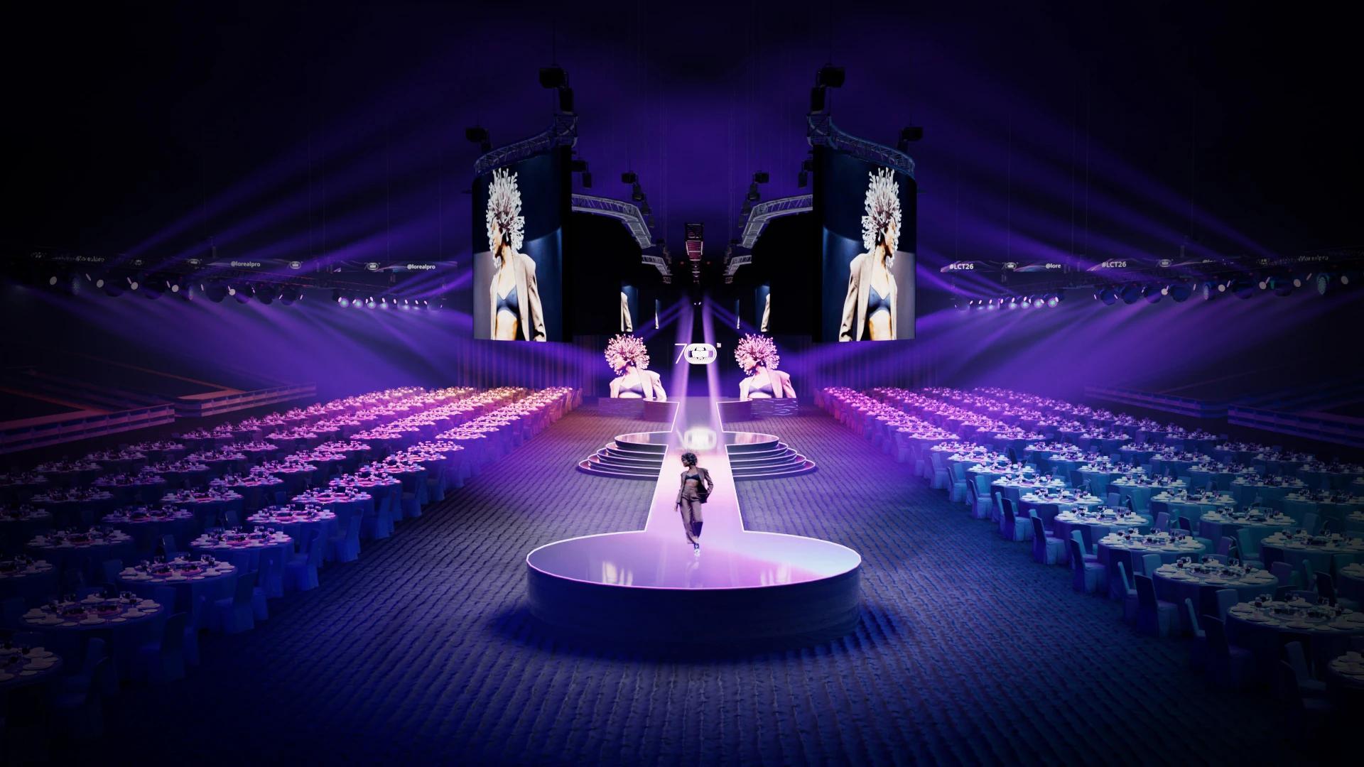 Wide view of illuminated event runway and banquet seating with suspended digital screens and purple stage lighting - Encore APAC