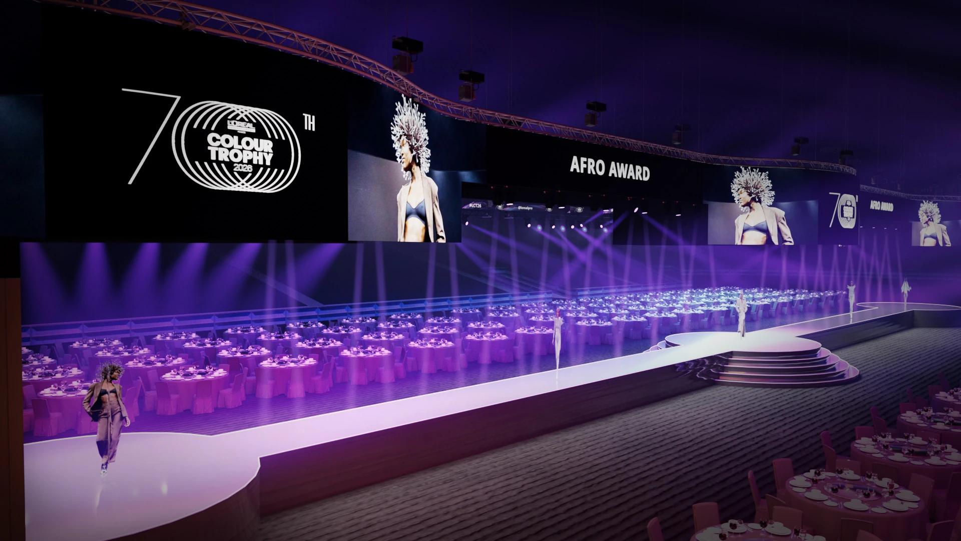 Event runway surrounded by banquet tables, large digital displays and purple theatrical lighting - Encore APAC