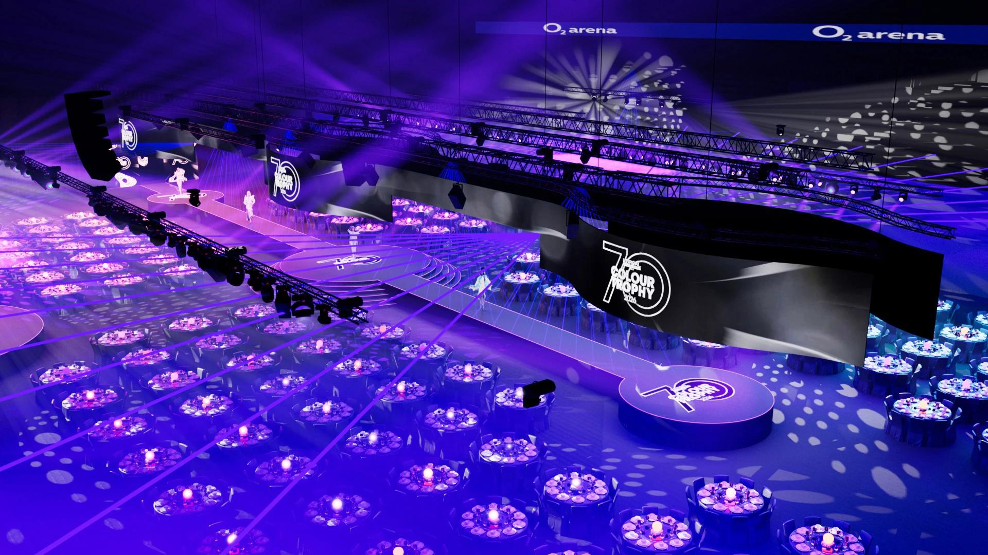 Wide elevated view of L’Oréal Colour Trophy runway, suspended digital screens and purple-lit banquet setting - Encore APAC