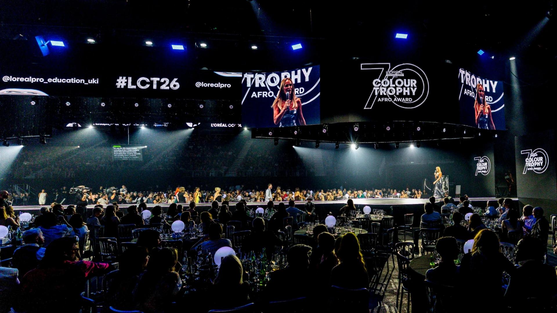 Wide L'Oréal Colour Trophy presentation with illuminated runway and overhead screens - Encore Event Technologies