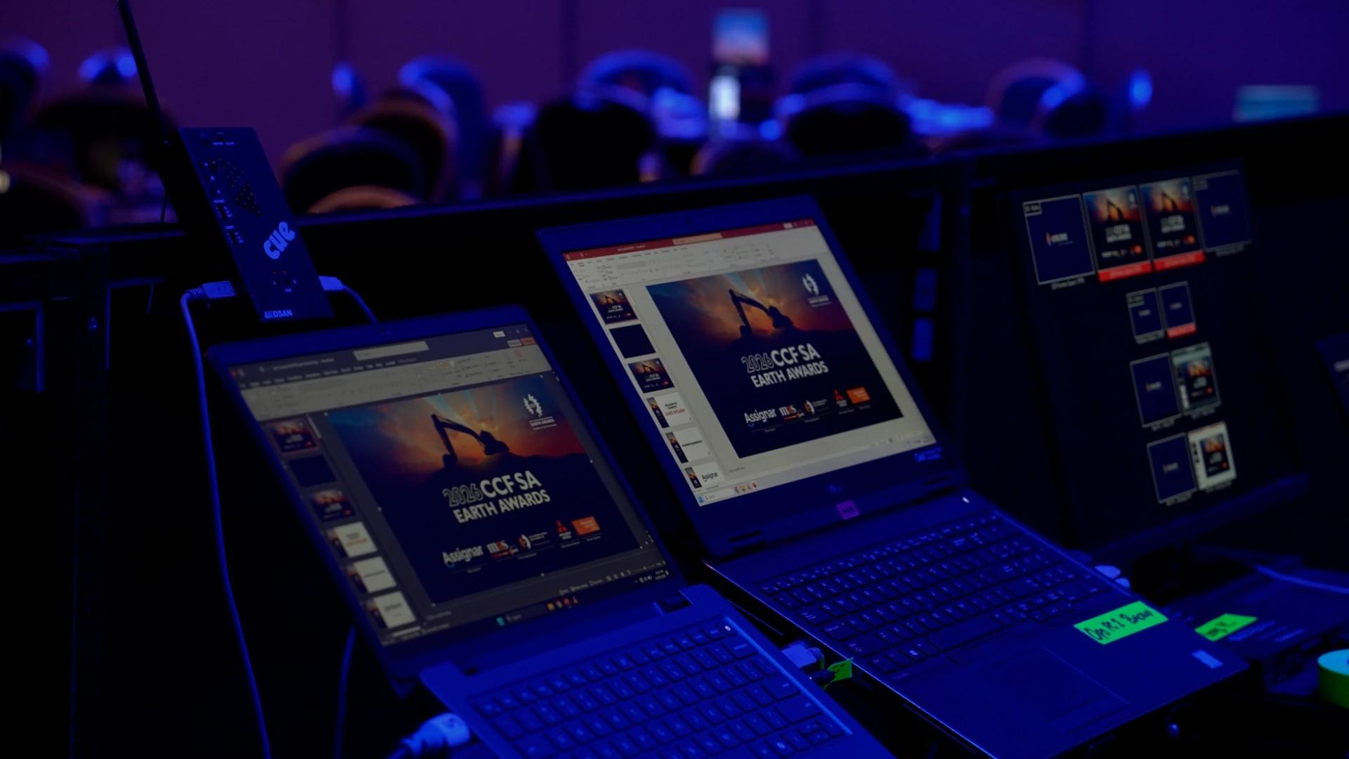 Event production laptops and control screens displaying the 2026 CCF SA Earth Awards presentation - Encore APAC