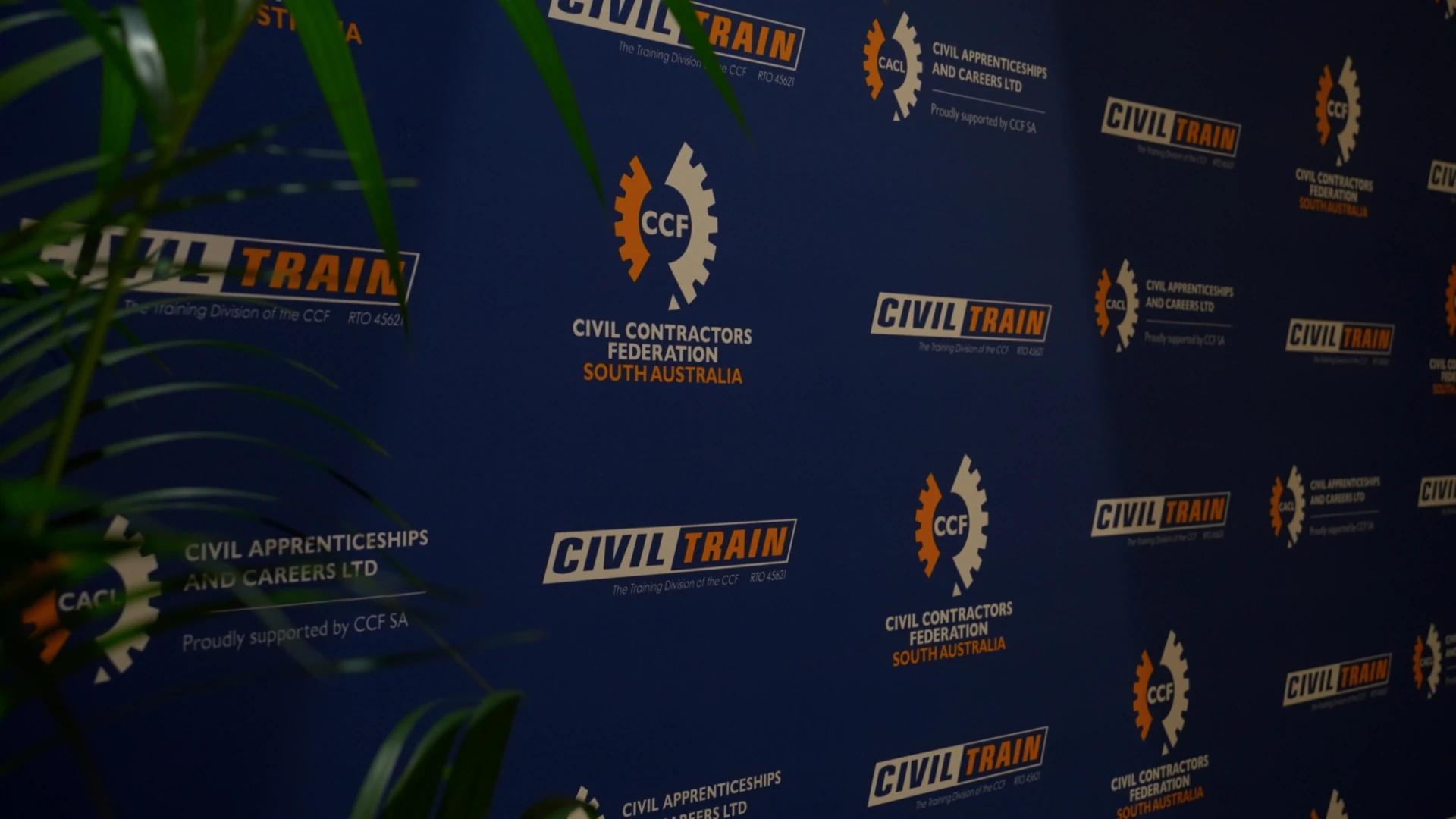 CCF South Australia, Civil Train and Civil Apprenticeships branded media wall at an event - Encore APAC